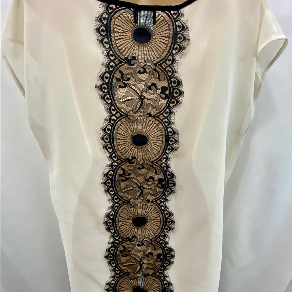 Dots Sheer Cream Top w/Black Lace Detail On Back L